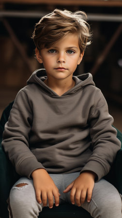 portrait of boy in grey hoodie sitting on chair and looking at cameraの素材