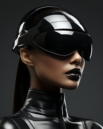 3d illustration of a female robot in black futuristic helmet and glassesの素材