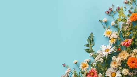 Flowers composition. Chamomile, chamomile on blue background. Flat lay, top view, copy spaceの素材
