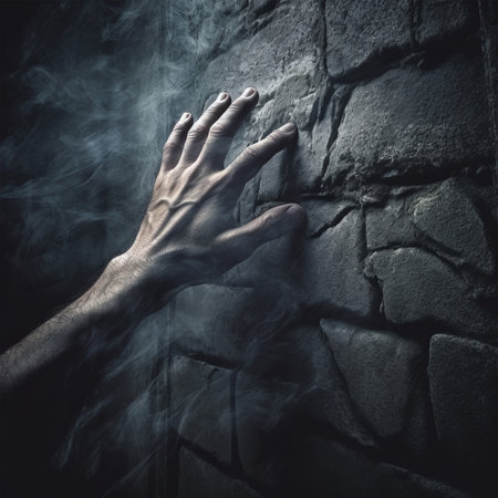 Man's hand in smoke on brick wall background. Halloween concept.の素材