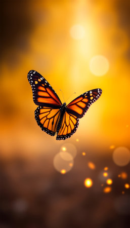 Beautiful monarch butterfly flying in the sunset light, nature background.の素材