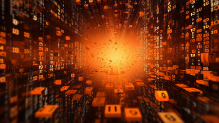 Futuristic background with binary code and orange light. 3D renderingの素材