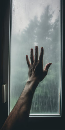 Man's hand on the window with rain drops. Rainy dayの素材