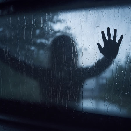 Silhouette of a woman behind the wet glass of a carの素材
