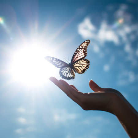 Butterfly on a hand against the blue sky with sun raysの素材