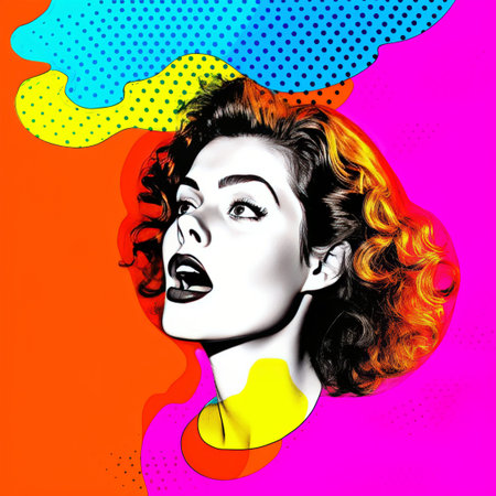 Beautiful girl with curly hair. Vector illustration in pop art style.の素材
