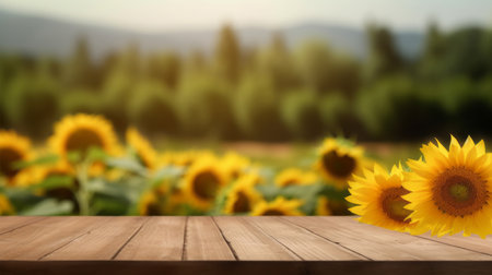 Wooden table with sunflowers in front of blurred background.の素材