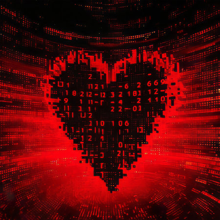 Heart on a red background with binary code. Computer generated illustration.の素材