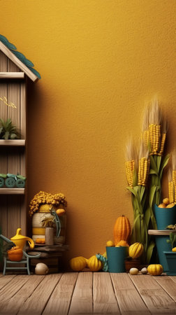 3d rendering of a rustic farm scene with a yellow wallの素材