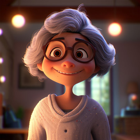 3D Illustration of a Little Girl with Glasses at Homeの素材