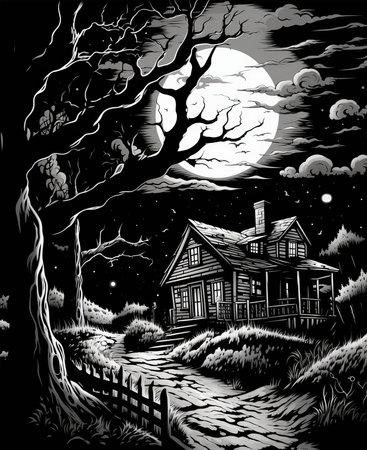 Black and white illustration of a haunted house at night with full moon.の素材