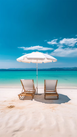 Beautiful beach with umbrella and chair in paradise island for travel and vacationの素材