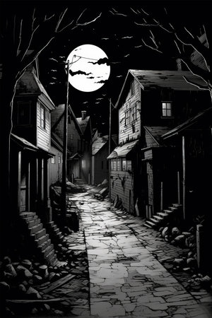 Halloween night in the old town. Black and white illustration.の素材