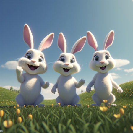 Three easter bunnies in the grass. 3d renderの素材