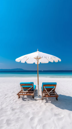 Beach chairs and umbrella on a beautiful white sand beach at Maldivesの素材