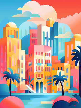 Cityscape with palm trees and buildings. Vector illustration in flat styleの素材