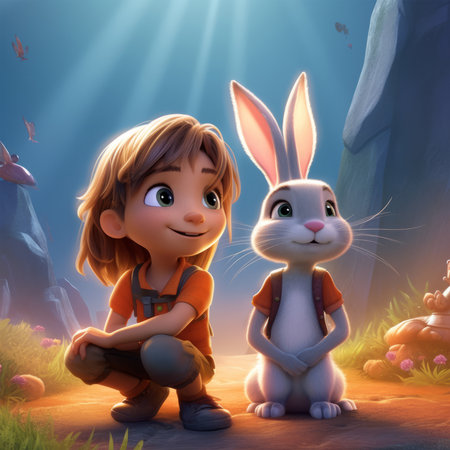 Boy and rabbit in the forest. 3D illustration. Cartoon style.の素材