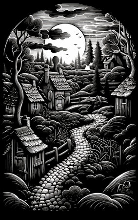 Black and white illustration of a fairy tale village in the woods.の素材