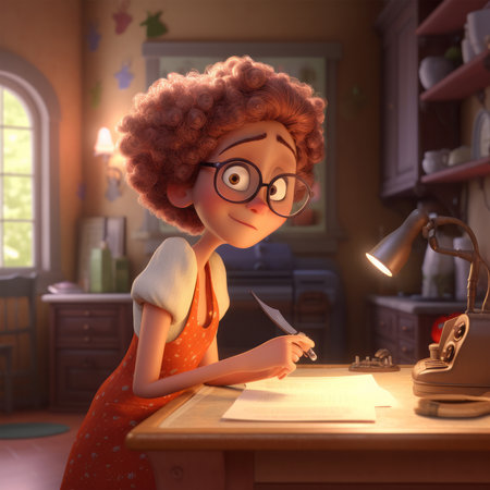Cartoon girl is writing in a notebook. 3d rendering.の素材