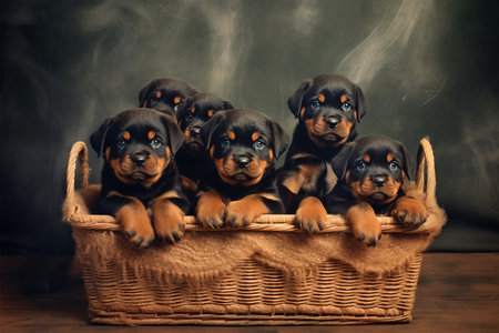 Portrait of a cute purebred rottweiler puppies in a basketの素材