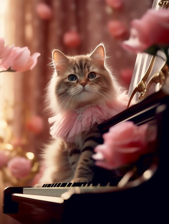 Cute kitten playing the piano on a background of pink flowers.の素材