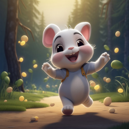 Cute white mouse in the forest. 3D illustration. Cartoon style.の素材