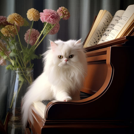 White persian cat sitting on the piano with flowers in the backgroundの素材
