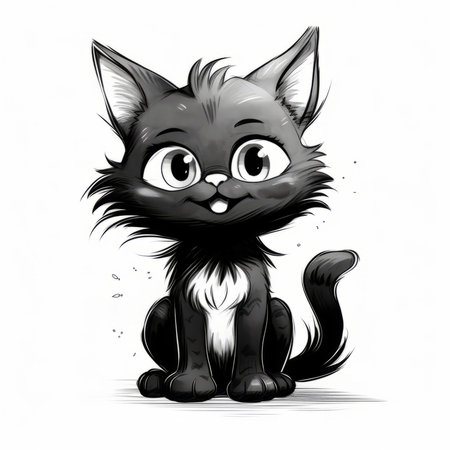 Cute cartoon black cat with big eyes. Vector illustration isolated on white background.の素材