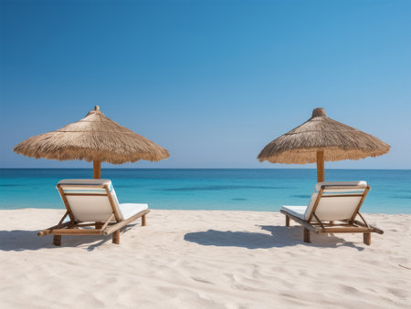 Beach chairs and umbrellas on a tropical sand beach.の素材