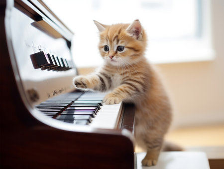 Cute little kitten playing the piano, shallow depth of field.の素材