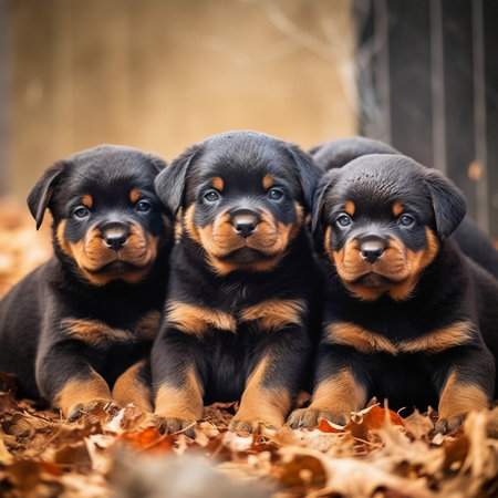 Three Rottweiler puppies in autumn leaves. Selective focus.の素材