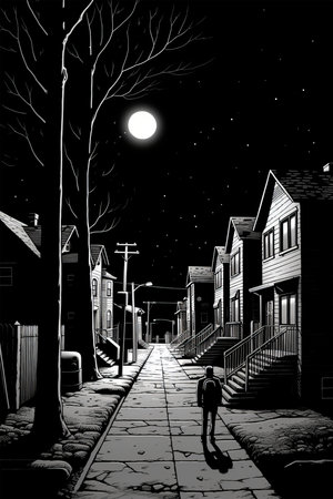 Black and white drawing of a street at night with a full moonの素材