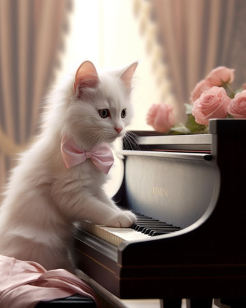 White cat with pink bow tie sitting on piano and looking at cameraの素材