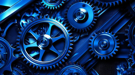 3d illustration of metal gears and cogwheels in blue colorの素材