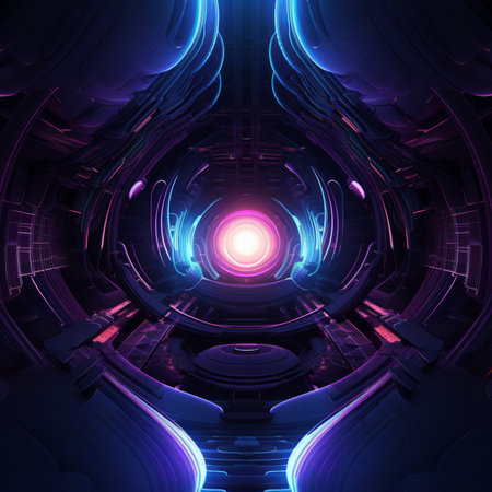 abstract glowing blue futuristic space tunnel with neon lights 3d illustrationの素材