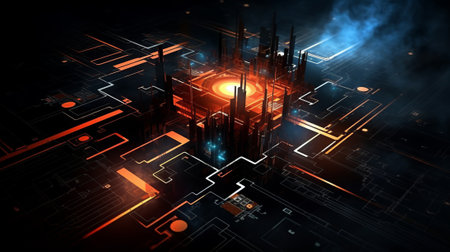 Futuristic city with circuit board and glowing lights. 3D renderingの素材