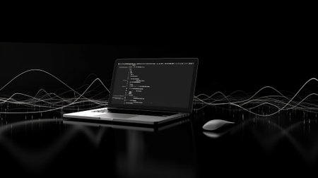 Laptop with programming code on the screen. 3D rendering.の素材