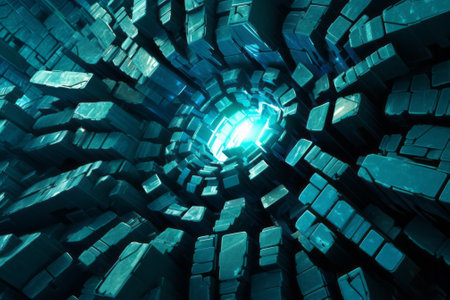 3d rendering of abstract geometric composition with glowing cubes in dark spaceの素材