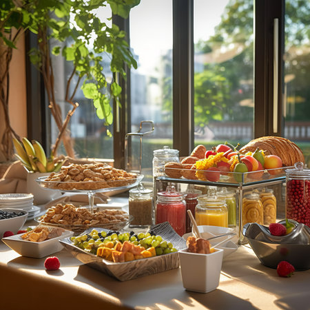Breakfast table with variety of pastries, croissants, fruits and juiceの素材
