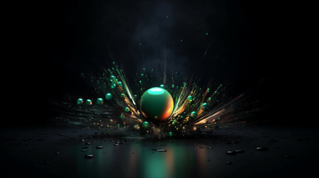 3d rendering of green sphere in dark space with lights and smokeの素材