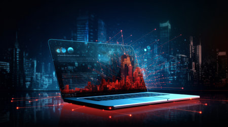 Laptop with glowing city hologram on dark background 3D renderingの素材