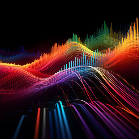 abstract colorful sound wave on black background. 3d render illustrationの素材