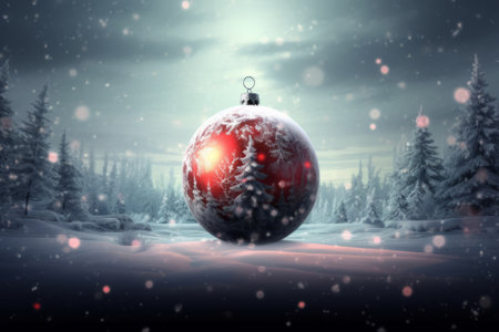 Digital composite of Christmas ball against snowy landscape with fir trees and blue skyの素材