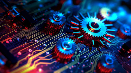 Close-up of electronic circuit board with gears. 3D renderingの素材