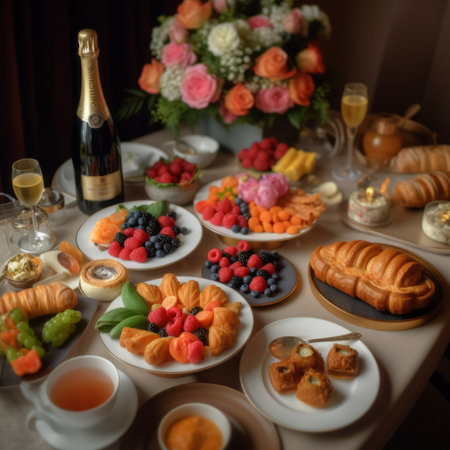 Wedding table with croissants, fruits and champagne.の素材