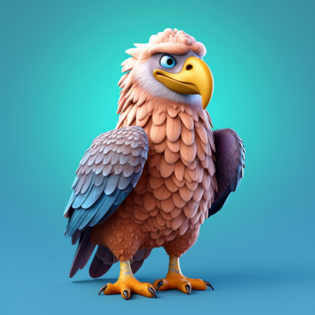 3D Illustration of a Cartoon Eagle with a blue background.の素材
