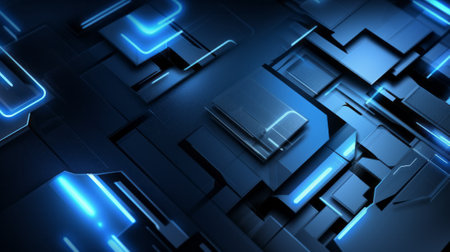 Abstract technology background with blue glowing squares. 3D rendering digital illustrationの素材