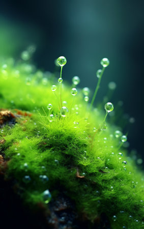 Macro of green moss with water drops on it. Shallow depth of fieldの素材