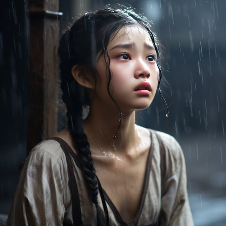 Portrait of a beautiful asian girl in the rain, outdoor shotの素材