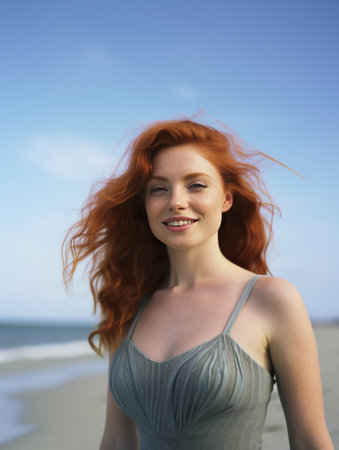 Close up portrait of a beautiful young redhead woman at the beachの素材